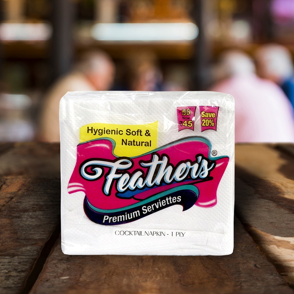 Feather's Premium Naturally White, quality extra soft Cocktail Napkin Super strong More absorbent-270X300mm - 1 Ply- 80 pulls (packs of 8)